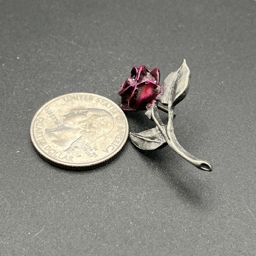 Rose Flower 3D Silver Tone Stem Lapel Hat Pin - Picture 2 of 3